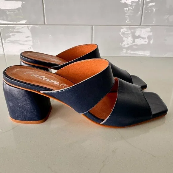 L'Intervalle Julia Navy Leather Block Heel Dress Sandal - Picture 5 of 7